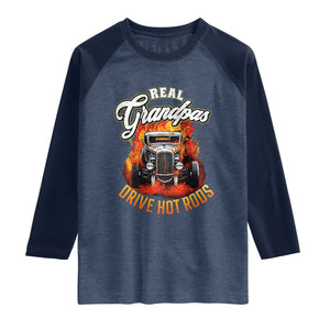 Real Grandpas Drive Hotrods Raglan Shirt Vintage 1932 Hotrod TS14 Heather Denim Navy Print Your Wear
