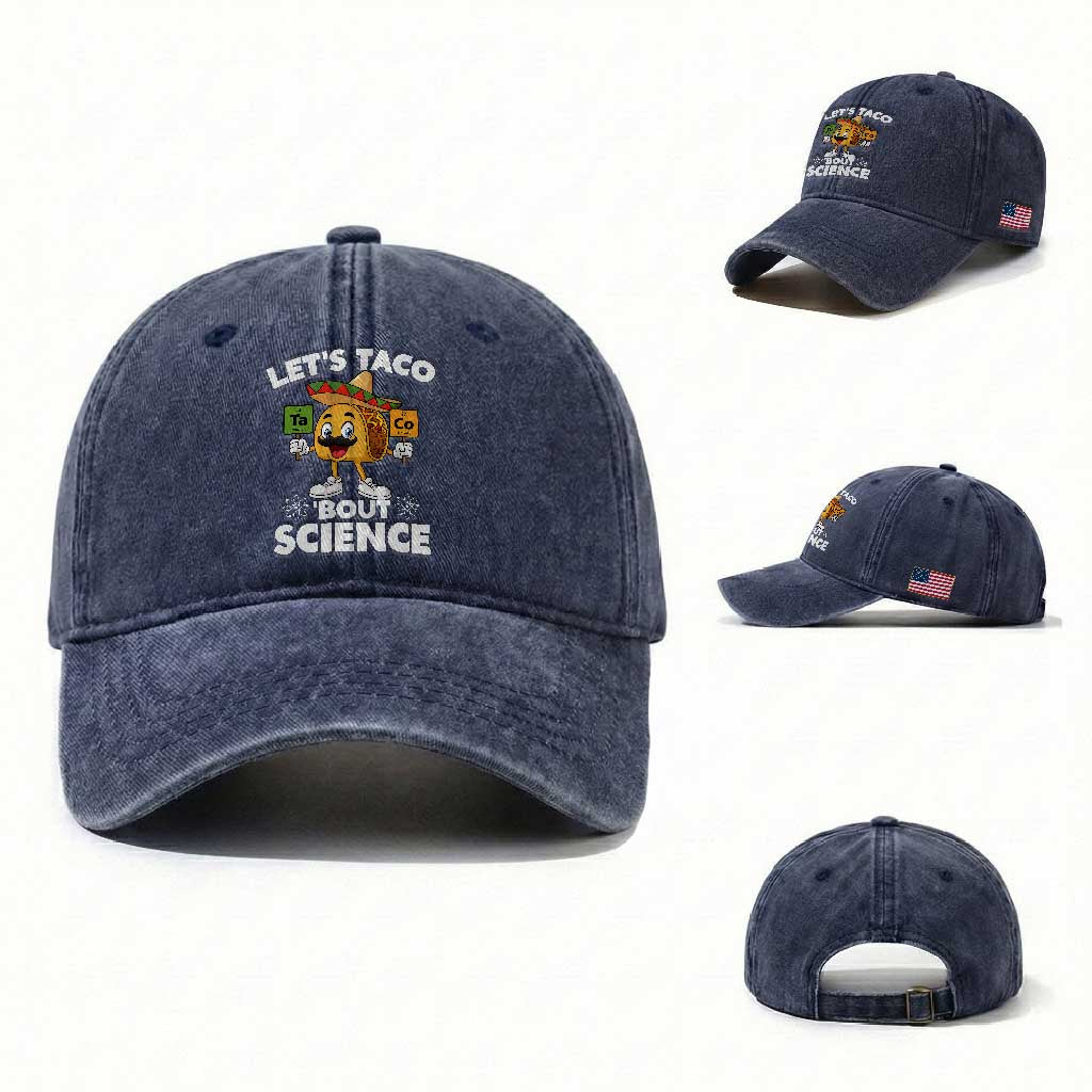Funny Science Taco Pun Washed Cotton Baseball Cap Let Is Taco Bout Science TS14 Washed Cap Universal Fit Navy Print Your Wear
