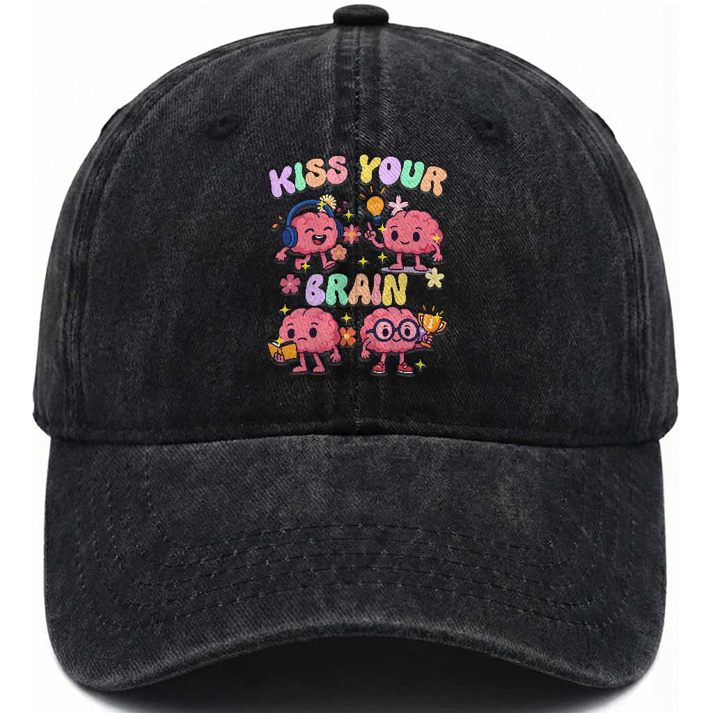 Kiss Your Brain Washed Cotton Baseball Cap Funny Teacher TS14 Washed Cap Universal Fit Black Print Your Wear