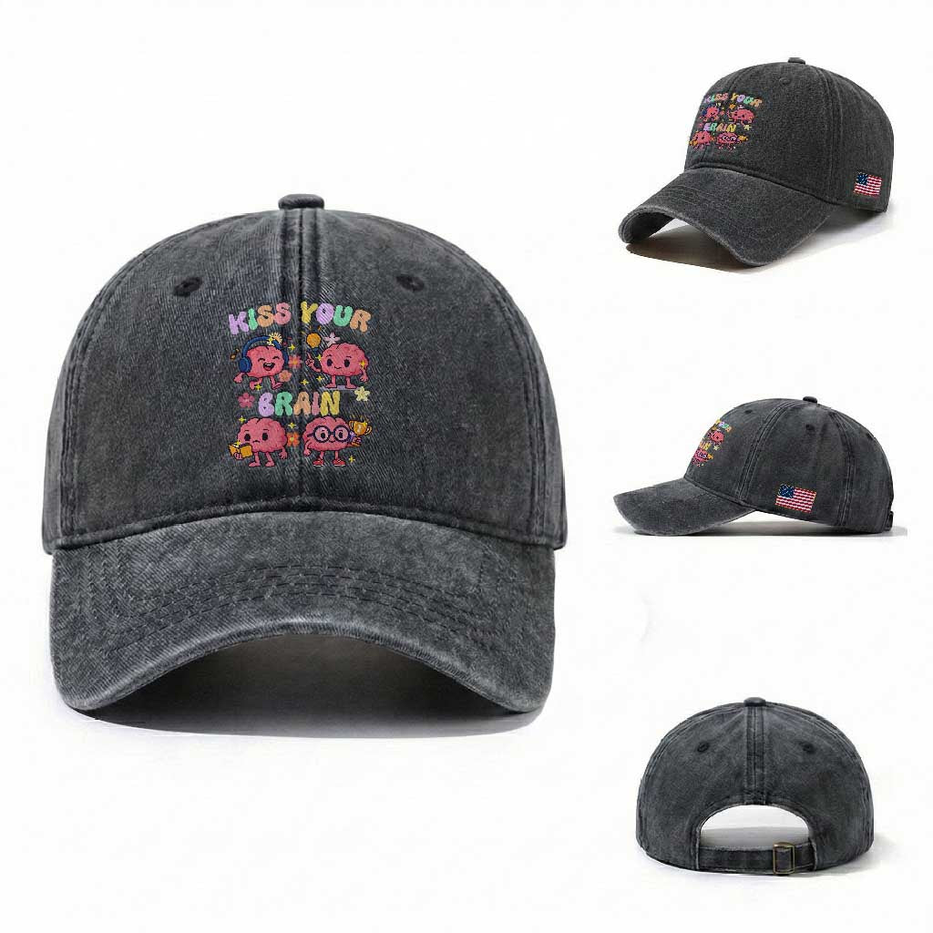 Kiss Your Brain Washed Cotton Baseball Cap Funny Teacher TS14 Washed Cap Universal Fit Dark Gray Print Your Wear