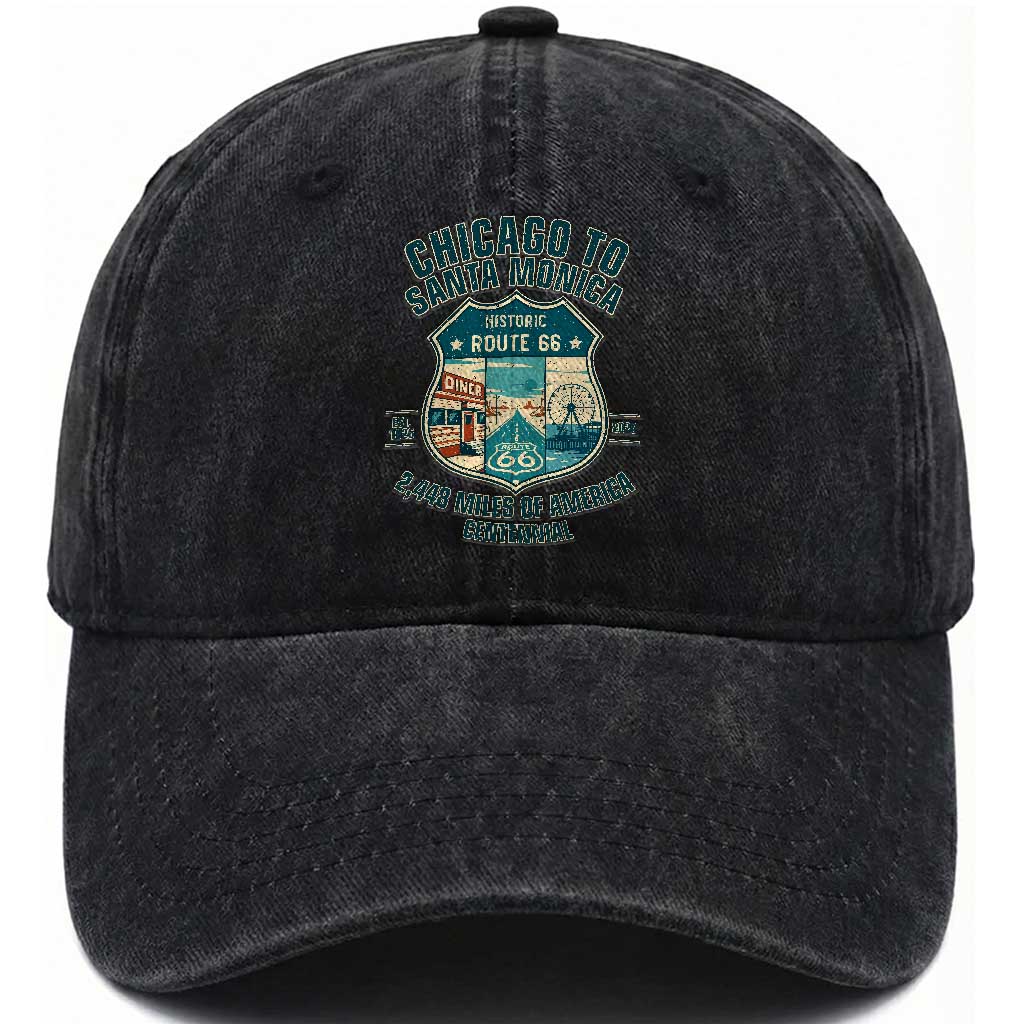 Route Highway 66 Chicago Santa Monica Vintage America Road Trip Washed Cotton Baseball Cap TS14 Print Your Wear