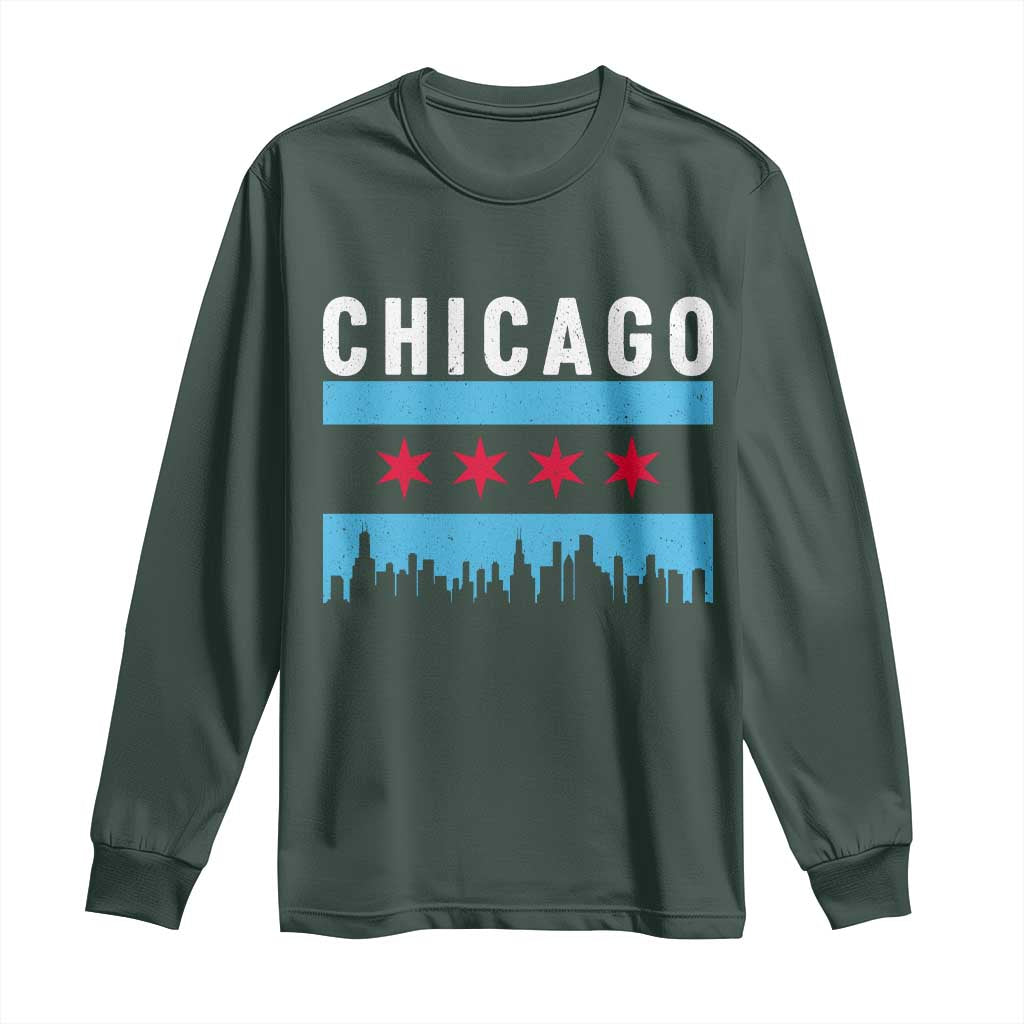 Vintage Chicago City Skyline Flag Long Sleeve Shirt TS14 Dark Forest Green Print Your Wear