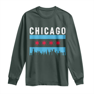 Vintage Chicago City Skyline Flag Long Sleeve Shirt TS14 Dark Forest Green Print Your Wear