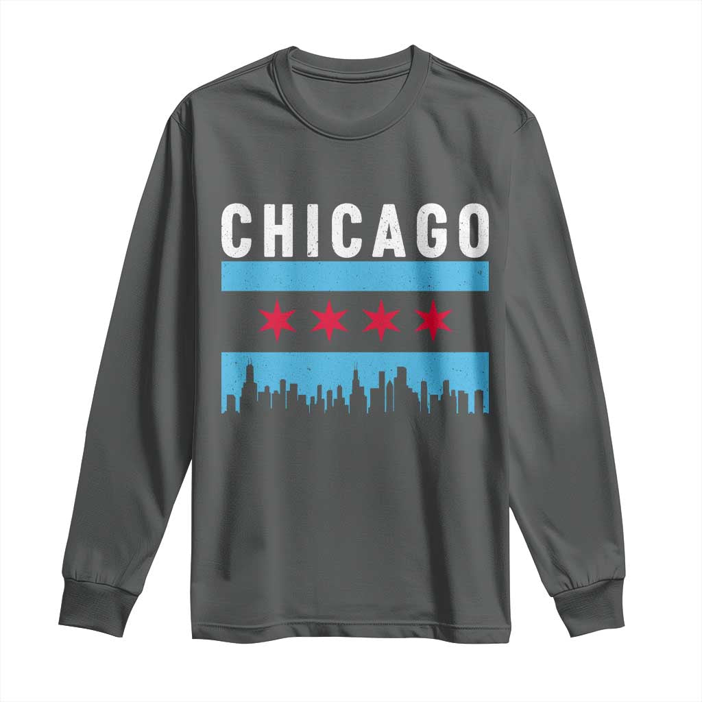 Vintage Chicago City Skyline Flag Long Sleeve Shirt TS14 Dark Heather Print Your Wear