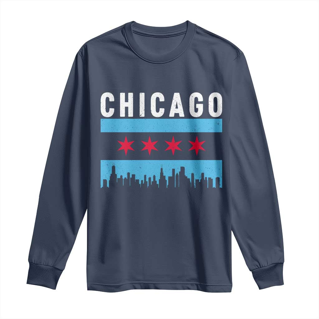 Vintage Chicago City Skyline Flag Long Sleeve Shirt TS14 Navy Print Your Wear