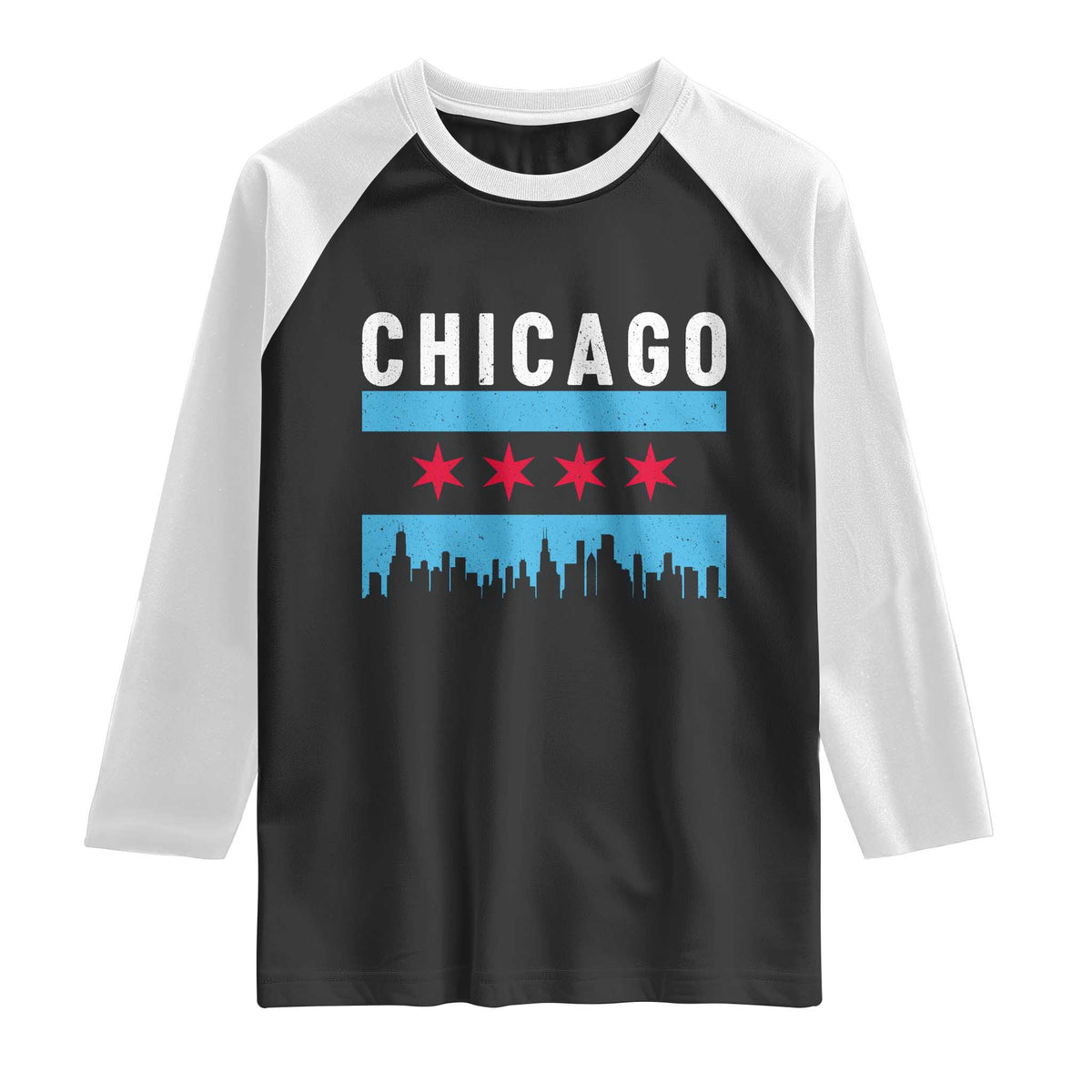 Vintage Chicago City Skyline Flag Raglan Shirt TS14 Black White Print Your Wear