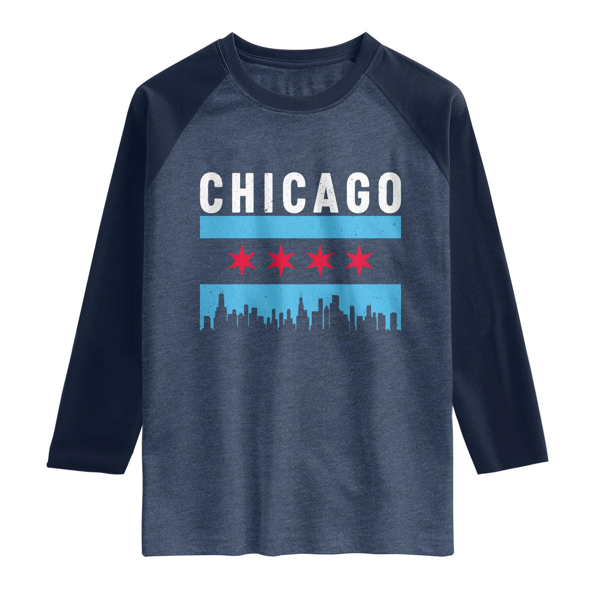 Vintage Chicago City Skyline Flag Raglan Shirt TS14 Heather Denim Navy Print Your Wear