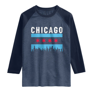 Vintage Chicago City Skyline Flag Raglan Shirt TS14 Heather Denim Navy Print Your Wear