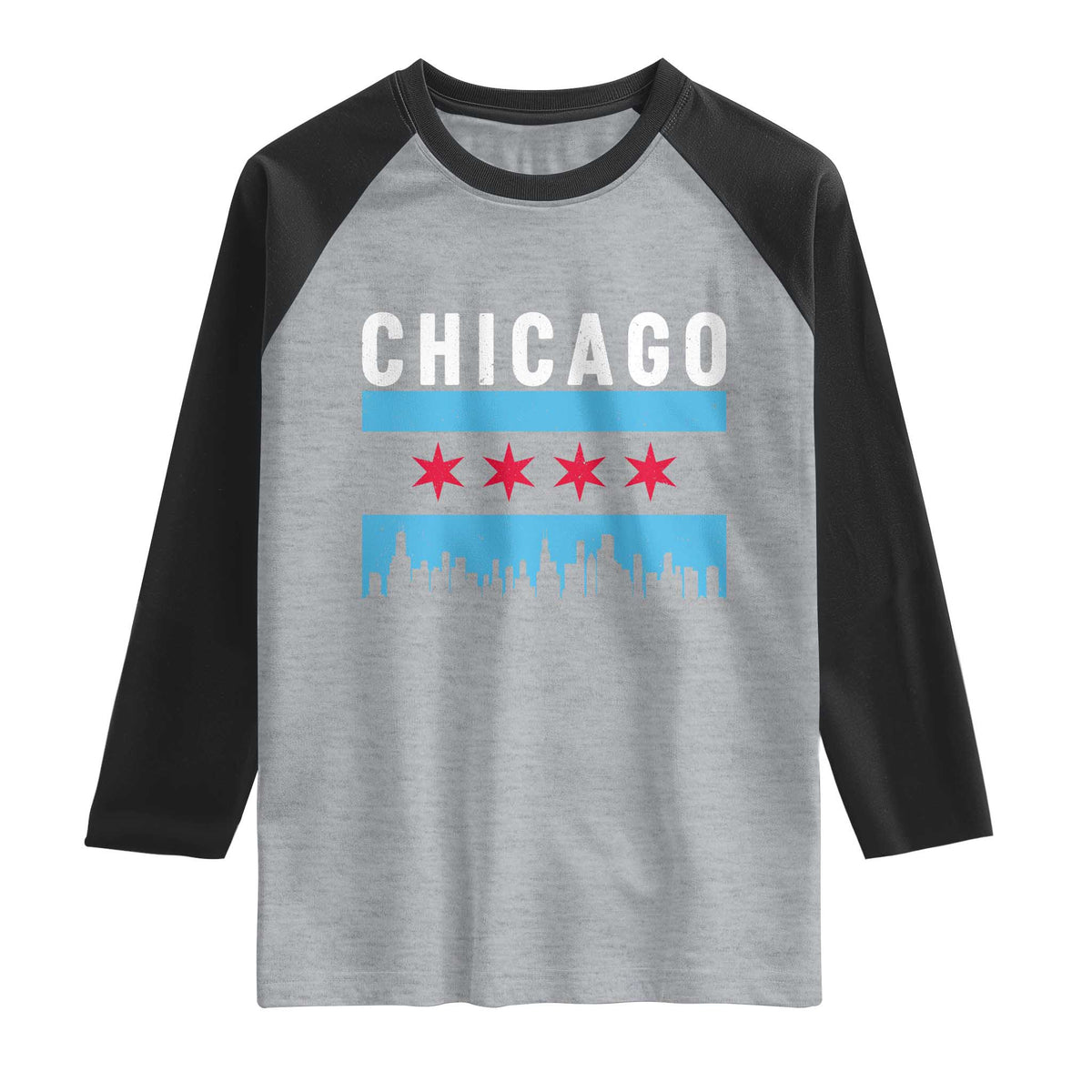 Vintage Chicago City Skyline Flag Raglan Shirt TS14 Heather Gray Black Print Your Wear