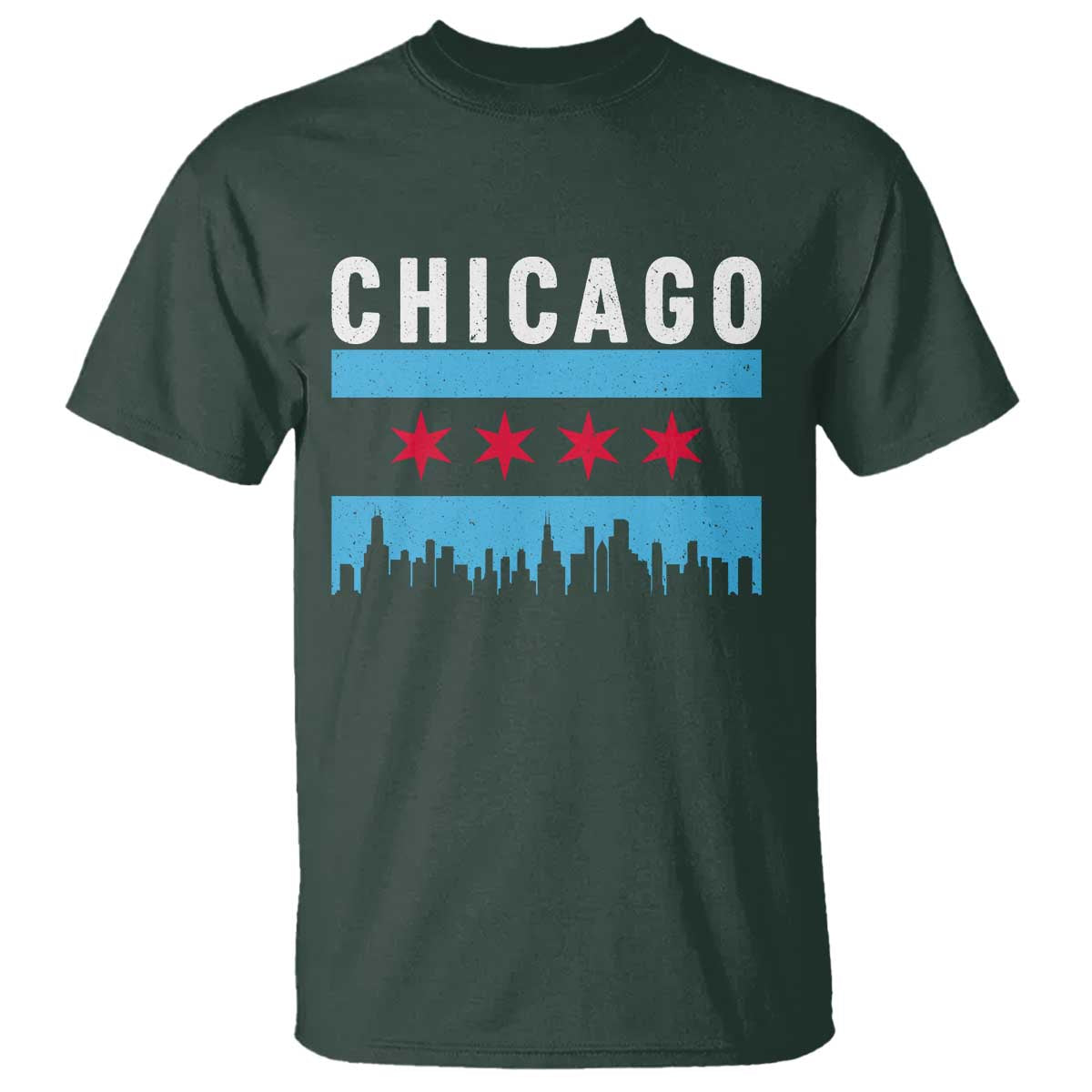 Vintage Chicago City Skyline Flag T Shirt TS14 Dark Forest Green Print Your Wear
