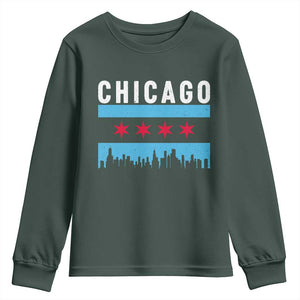 Vintage Chicago City Skyline Flag Youth Sweatshirt TS14 Dark Forest Green Print Your Wear