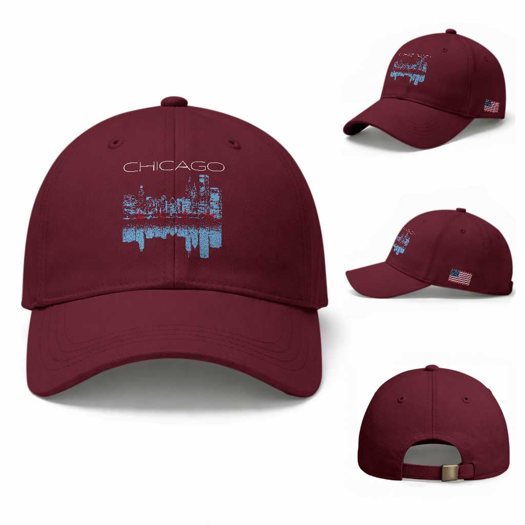 Chicago City Skyline Night Lights Baseball Cap TS14 Baseball Cap Universal Fit Maroon Print Your Wear