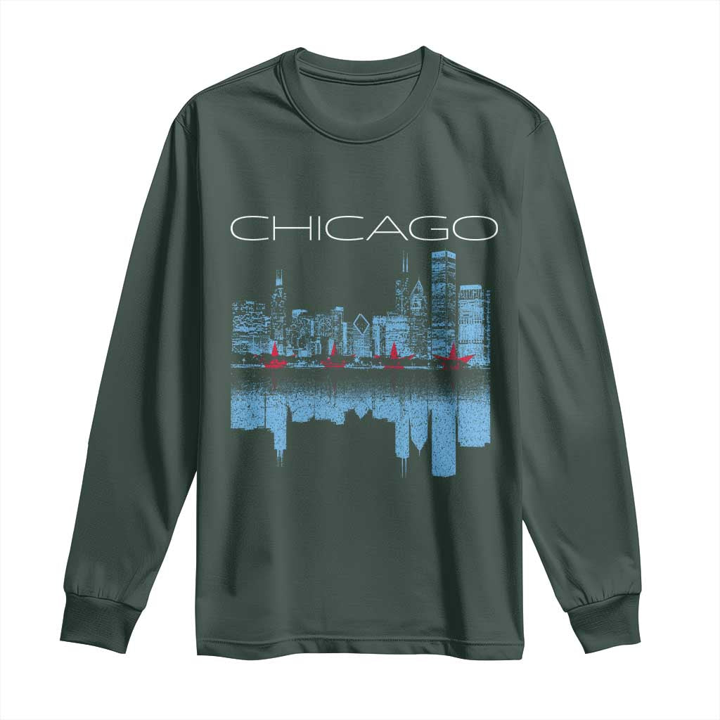 Chicago City Skyline Night Lights Long Sleeve Shirt TS14 Dark Forest Green Print Your Wear