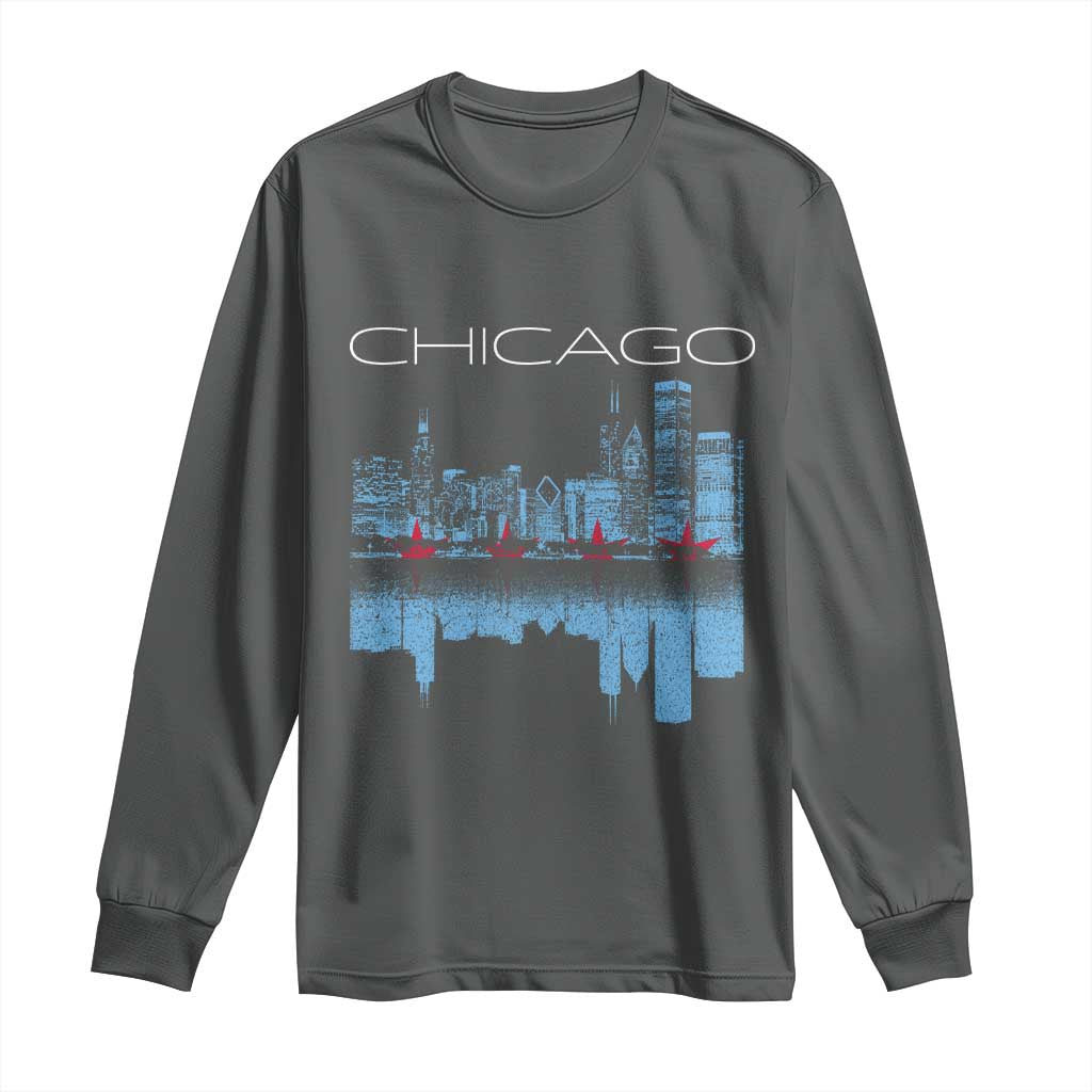 Chicago City Skyline Night Lights Long Sleeve Shirt TS14 Dark Heather Print Your Wear