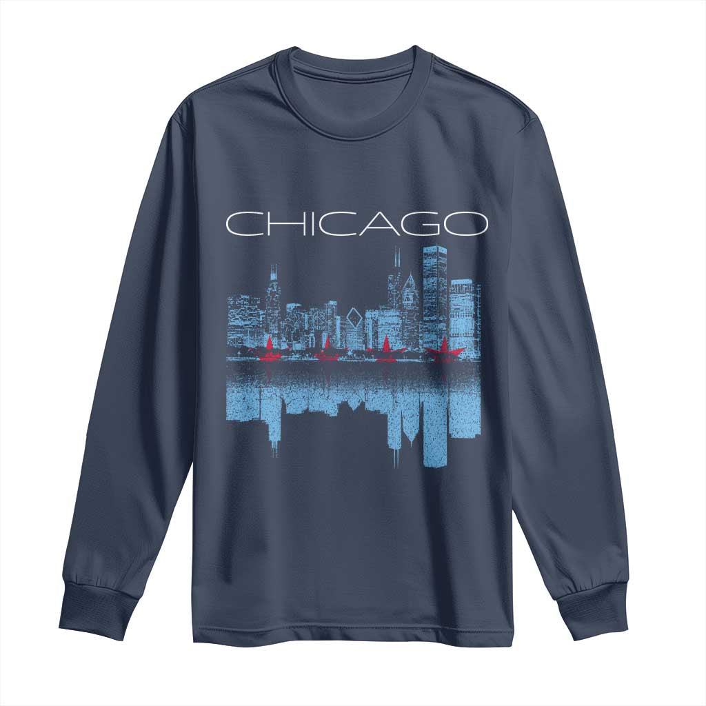 Chicago City Skyline Night Lights Long Sleeve Shirt TS14 Navy Print Your Wear