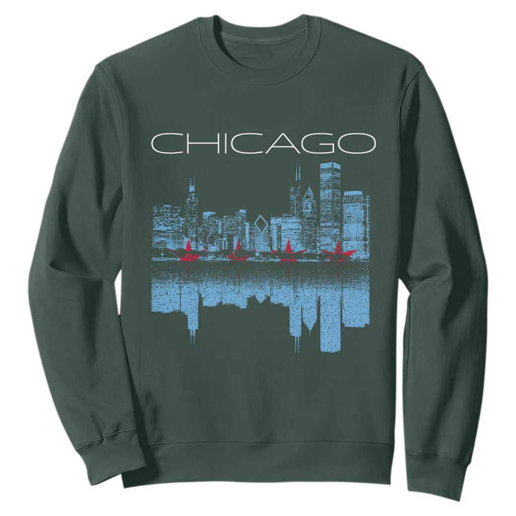 Chicago City Skyline Night Lights Sweatshirt TS14 Dark Forest Green Print Your Wear