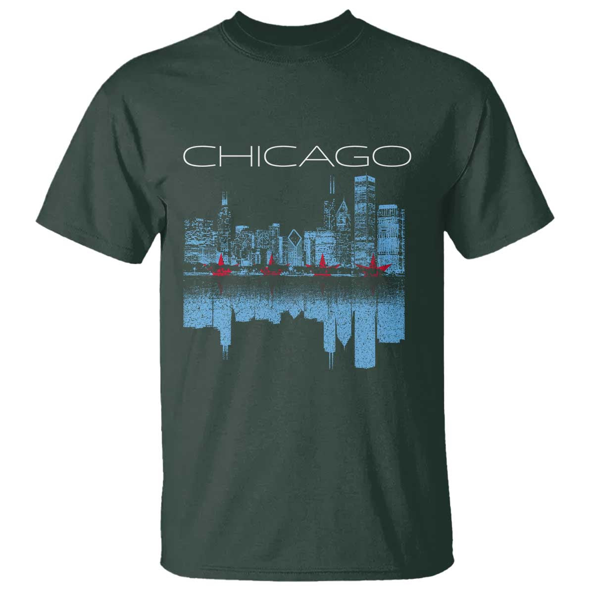 Chicago City Skyline Night Lights T Shirt TS14 Dark Forest Green Print Your Wear