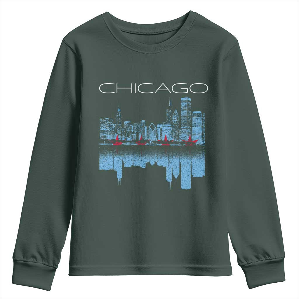 Chicago City Skyline Night Lights Youth Sweatshirt TS14 Dark Forest Green Print Your Wear