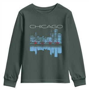 Chicago City Skyline Night Lights Youth Sweatshirt TS14 Dark Forest Green Print Your Wear