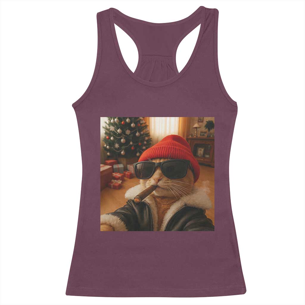 Funny Gangster Cats Christmas Racerback Tank Top Smoking Kitten Meme TS14 Maroon Print Your Wear