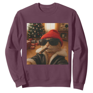 Funny Gangster Cats Christmas Sweatshirt Smoking Kitten Meme TS14 Maroon Print Your Wear