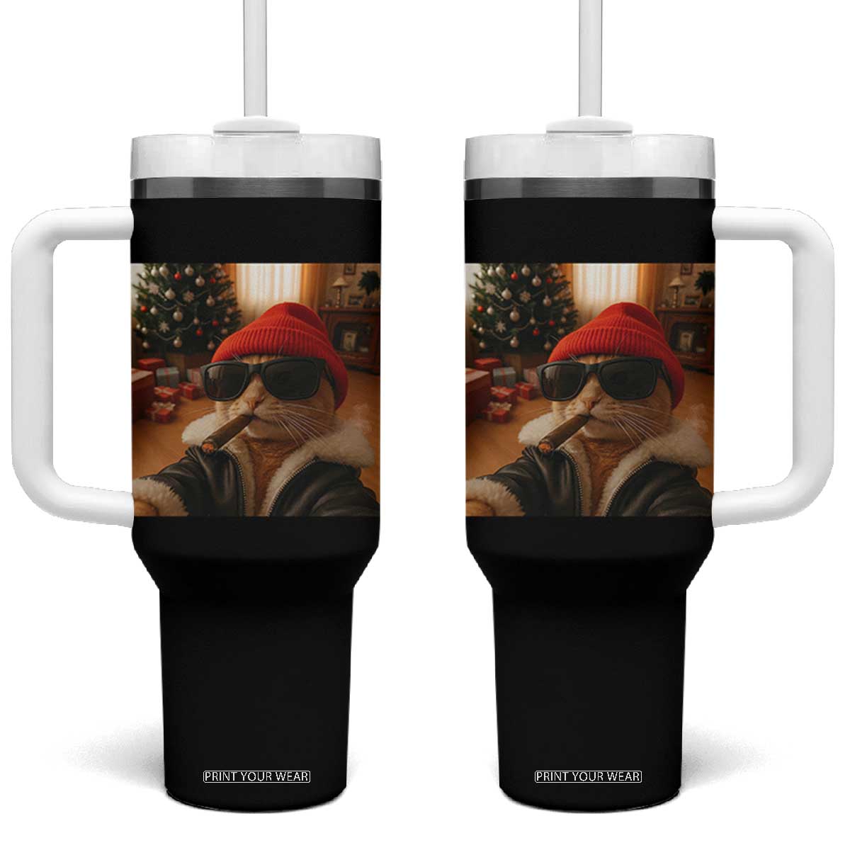 Funny Gangster Cats Christmas Tumbler With Handle Smoking Kitten Meme TS14 One Size: 40 oz Black Print Your Wear