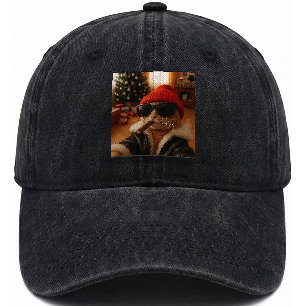 Funny Gangster Cats Christmas Washed Cotton Baseball Cap Smoking Kitten Meme TS14 Washed Cap Universal Fit Black Print Your Wear