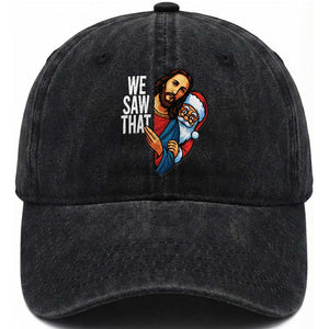 Funny Jesus Santa Meme Washed Cotton Baseball Cap We Saw That Christmas TS14 Washed Cap Universal Fit Black Print Your Wear