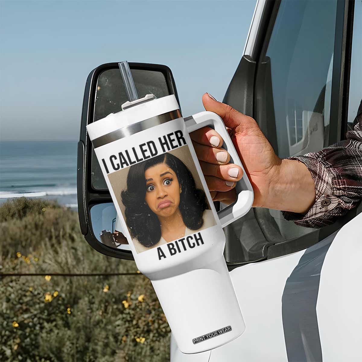 Funny Doll Face Meme Tumbler With Handle I Called Her A Bitch TS14 Print Your Wear