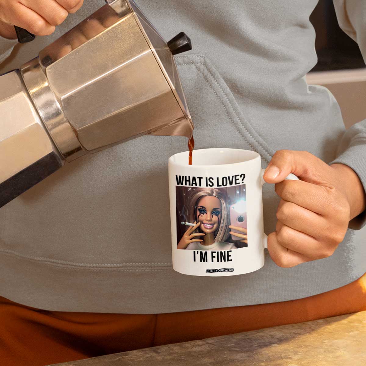 Funny Doll Smoking Selfie Meme Coffee Mug What Is Love I Am Fine TS14 Print Your Wear