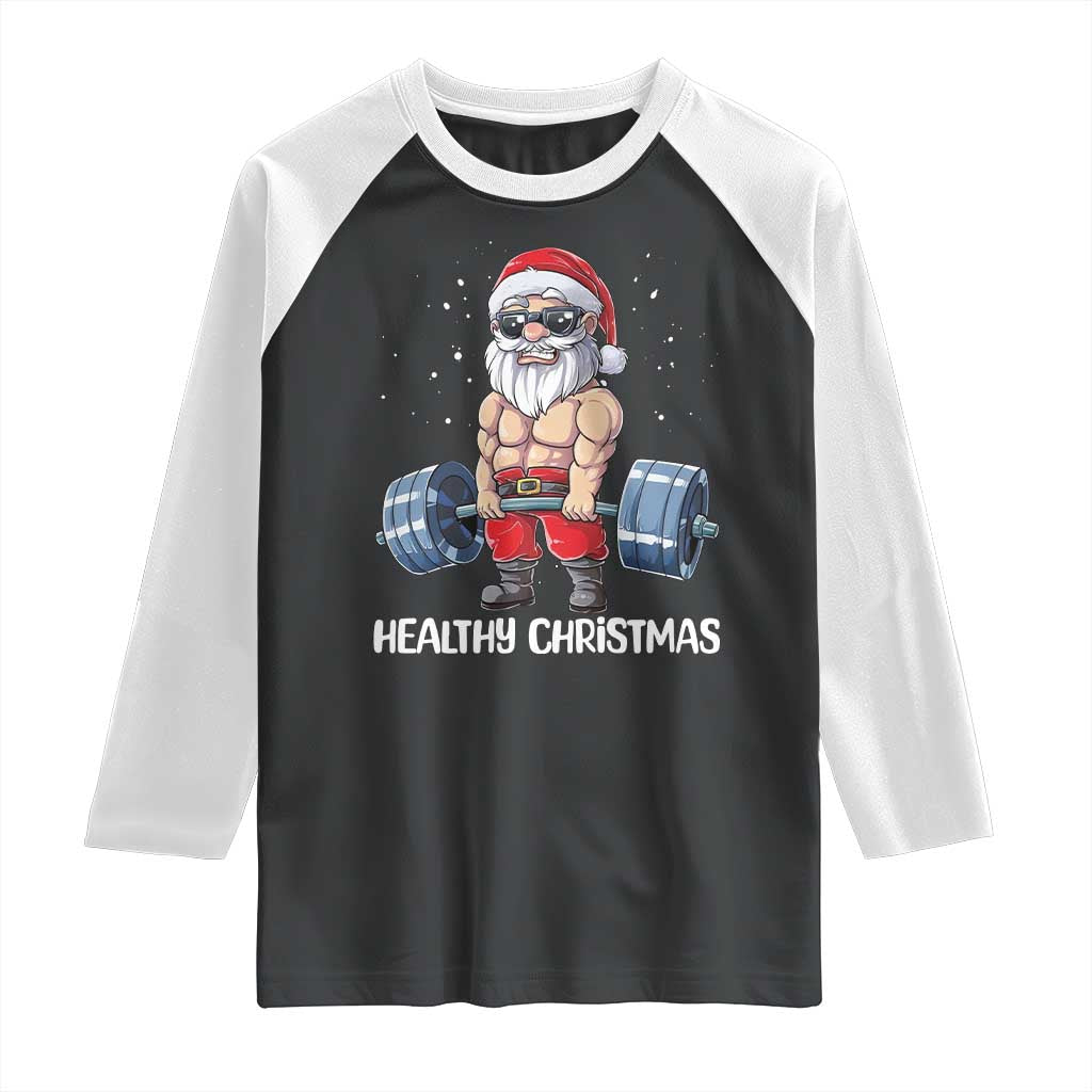 Funny Santa Gym Xmas Raglan Shirt Healthy Christmas TS14 Black White Print Your Wear