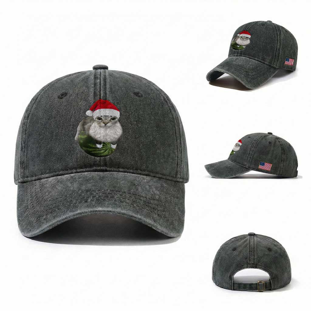 Watermelon Cat Christmas Washed Cotton Baseball Cap Funny Silly Kitten Meme TS14 Washed Cap Universal Fit Dark Green Print Your Wear