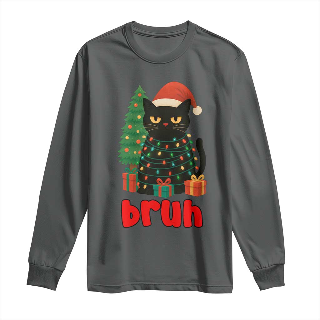 Funny Cat Bruh Christmas Long Sleeve Shirt Silly Meme Kitty Xmas TS14 Dark Heather Print Your Wear