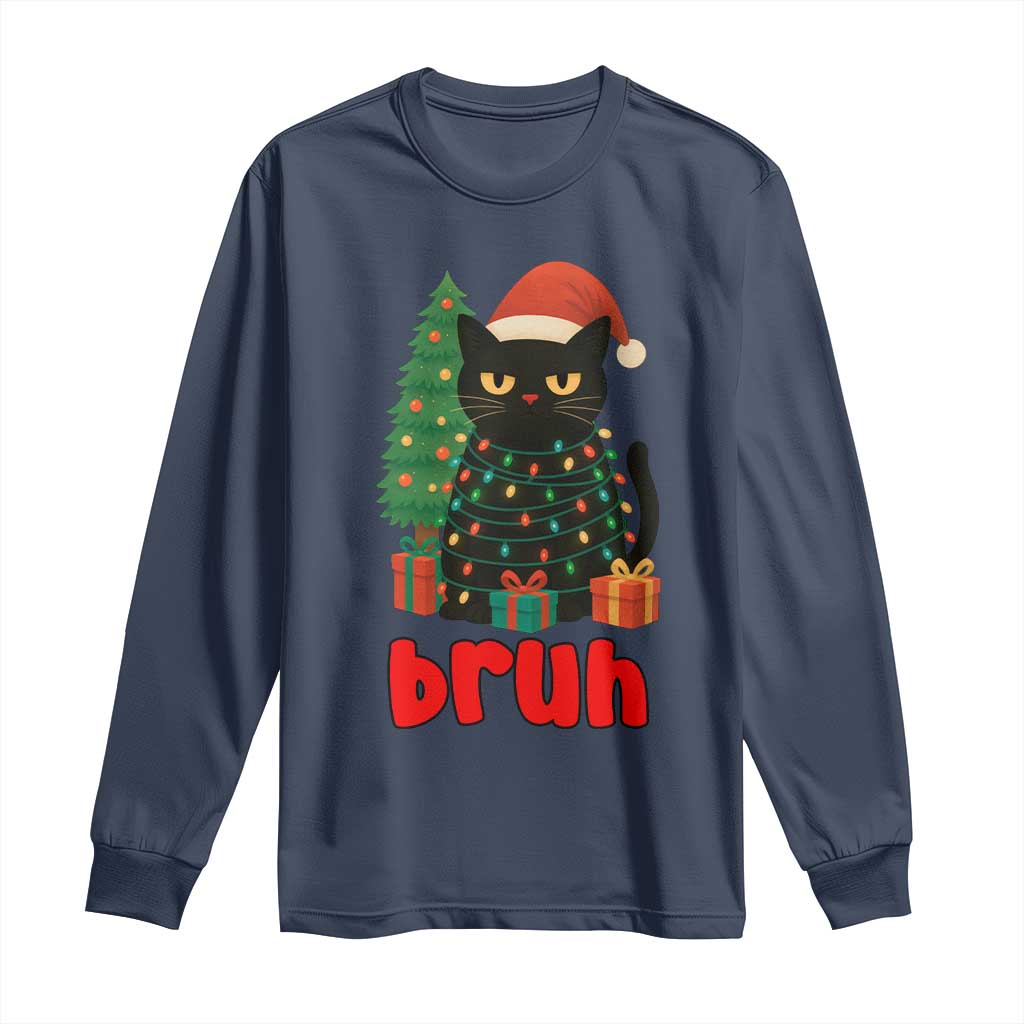 Funny Cat Bruh Christmas Long Sleeve Shirt Silly Meme Kitty Xmas TS14 Navy Print Your Wear