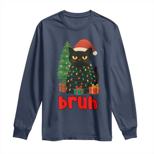 Funny Cat Bruh Christmas Long Sleeve Shirt Silly Meme Kitty Xmas TS14 Navy Print Your Wear