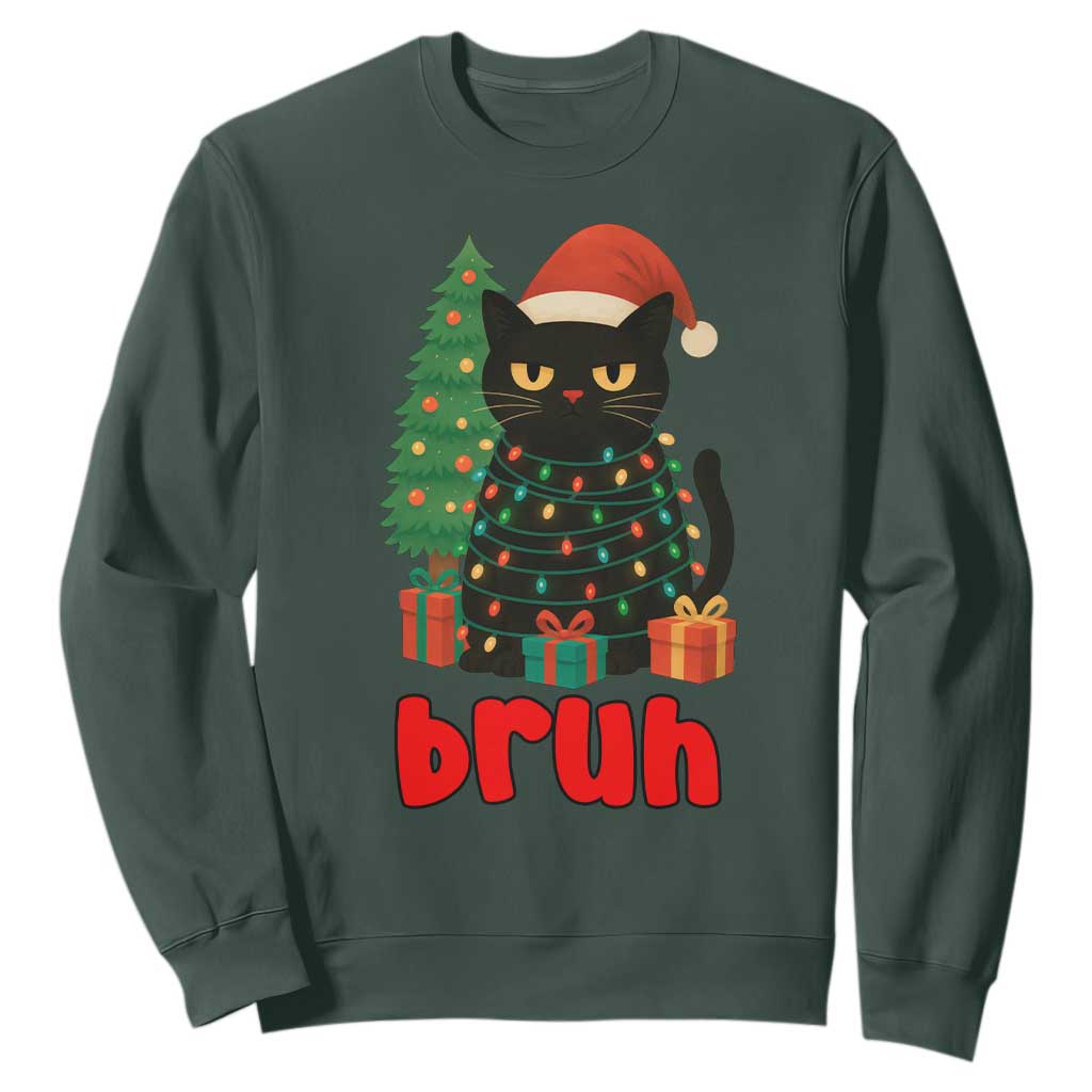 Funny Cat Bruh Christmas Sweatshirt Silly Meme Kitty Xmas TS14 Dark Forest Green Print Your Wear