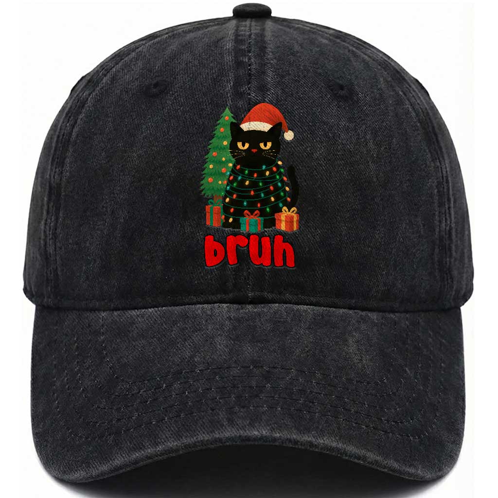 Funny Cat Bruh Christmas Washed Cotton Baseball Cap Silly Meme Kitty Xmas TS14 Washed Cap Universal Fit Black Print Your Wear