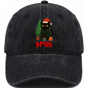 Funny Cat Bruh Christmas Washed Cotton Baseball Cap Silly Meme Kitty Xmas TS14 Washed Cap Universal Fit Black Print Your Wear