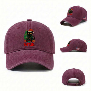 Funny Cat Bruh Christmas Washed Cotton Baseball Cap Silly Meme Kitty Xmas TS14 Washed Cap Universal Fit Burgundy Print Your Wear