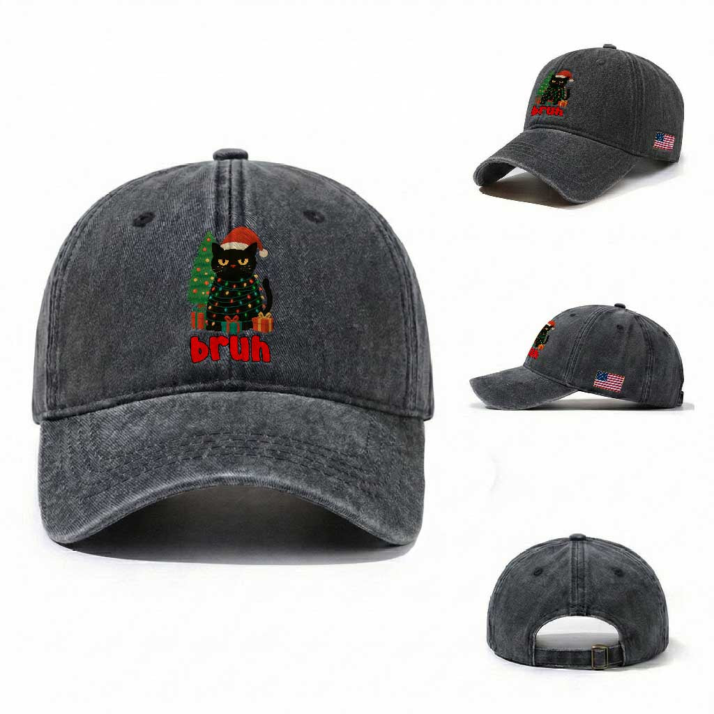 Funny Cat Bruh Christmas Washed Cotton Baseball Cap Silly Meme Kitty Xmas TS14 Washed Cap Universal Fit Dark Gray Print Your Wear