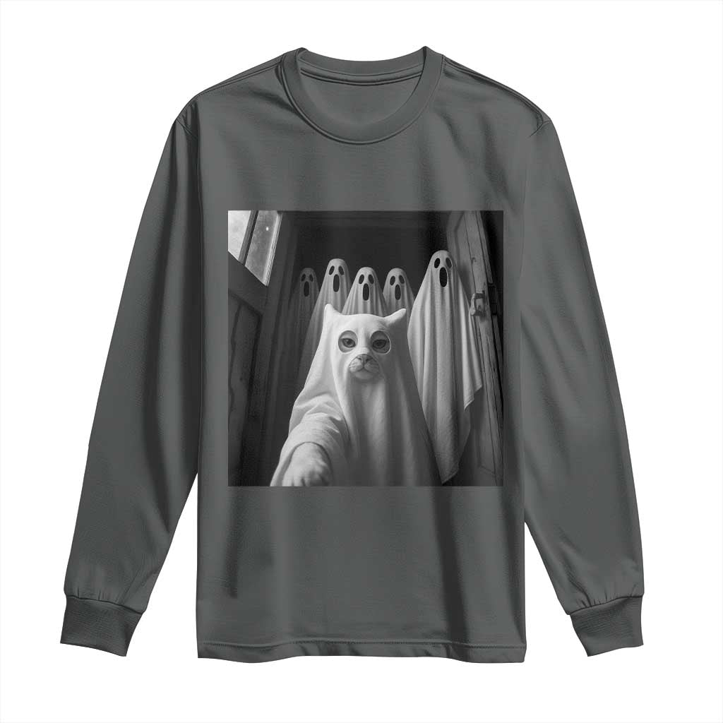 Funny Ghost Cat Halloween Meme Long Sleeve Shirt TS14 Dark Heather Print Your Wear