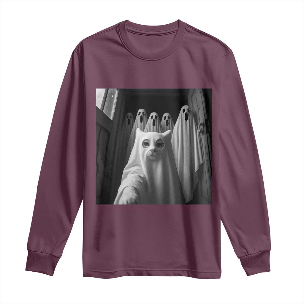 Funny Ghost Cat Halloween Meme Long Sleeve Shirt TS14 Maroon Print Your Wear