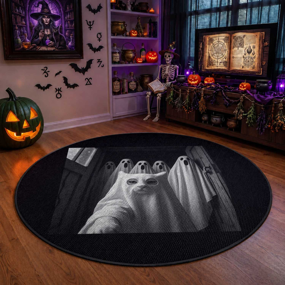 Funny Ghost Cat Halloween Meme Round Rug
