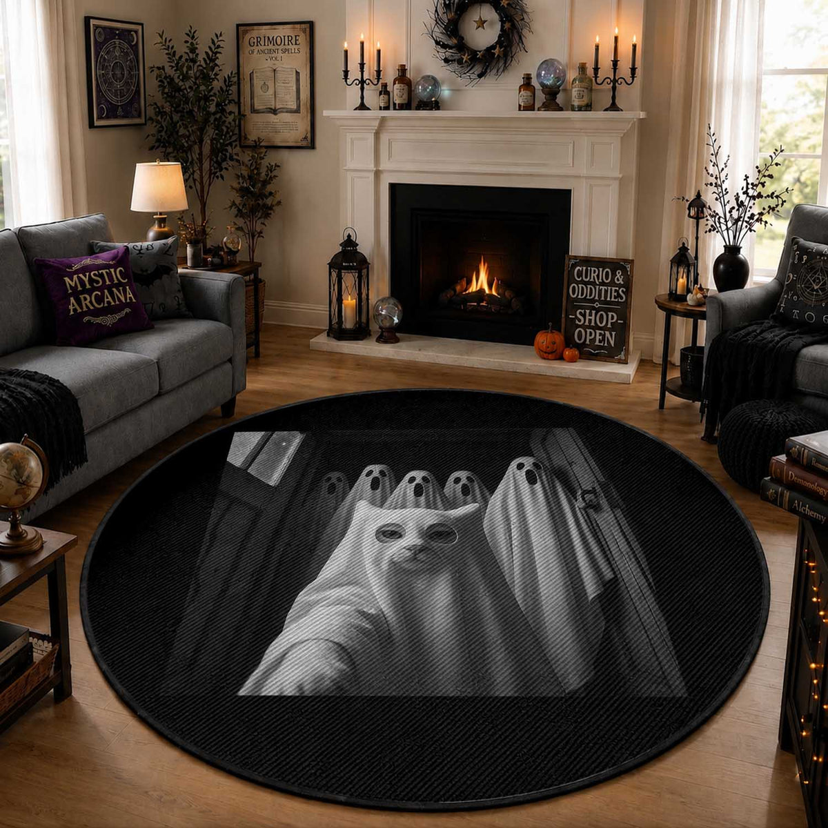 Funny Ghost Cat Halloween Meme Round Rug