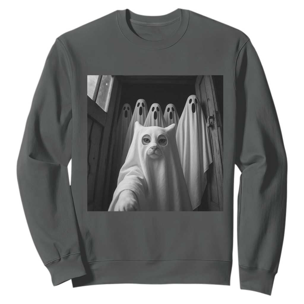 Funny Ghost Cat Halloween Meme Sweatshirt TS14 Dark Heather Print Your Wear