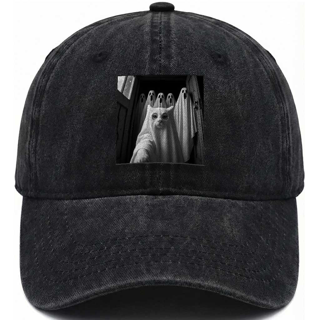 Funny Ghost Cat Halloween Meme Washed Cotton Baseball Cap TS14 Washed Cap Universal Fit Black Print Your Wear