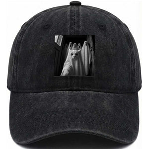 Funny Ghost Cat Halloween Meme Washed Cotton Baseball Cap TS14 Washed Cap Universal Fit Black Print Your Wear