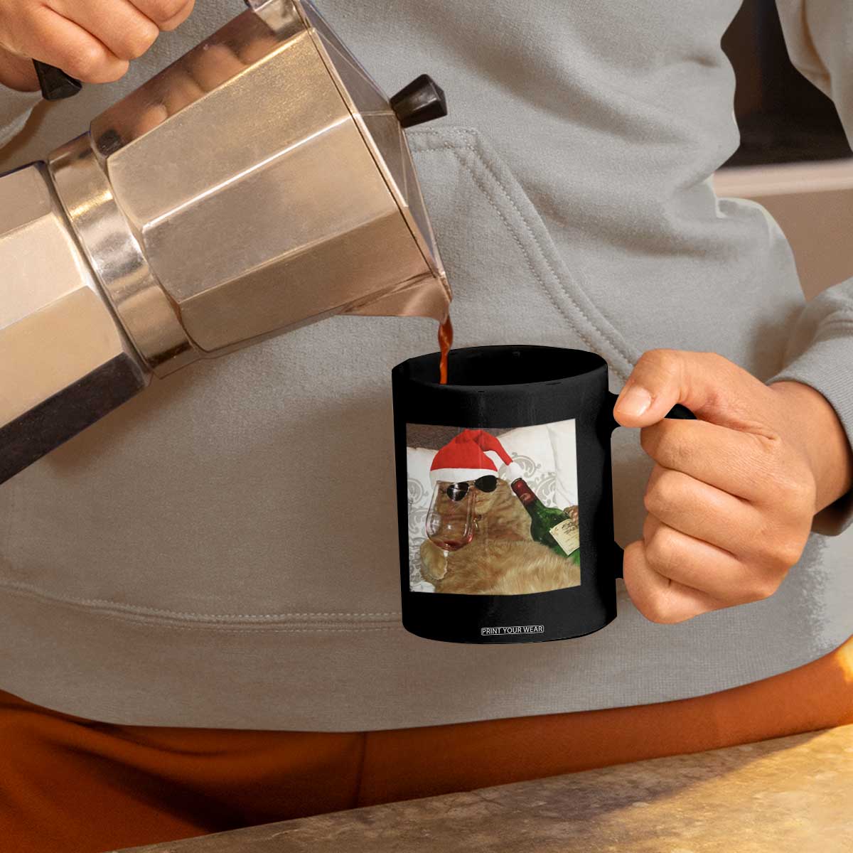 Funny Cat Drinking Wine Christmas Coffee Mug TS14 Print Your Wear