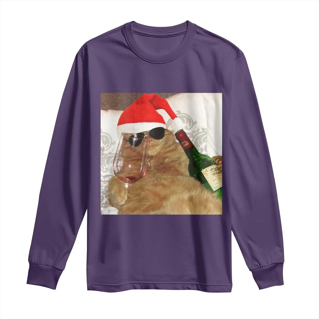 Funny Cat Drinking Wine Christmas Long Sleeve Shirt TS14 Purple Print Your Wear