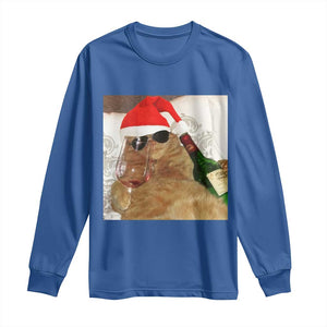 Funny Cat Drinking Wine Christmas Long Sleeve Shirt TS14 Royal Blue Print Your Wear